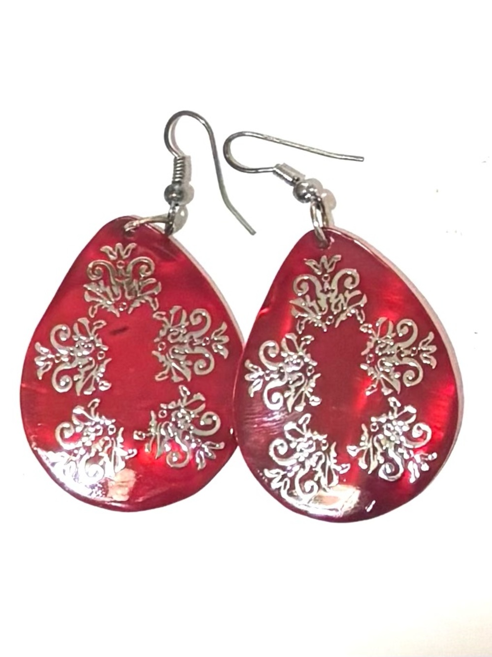 Red Teardrop Dangle Earrings with Silver Scroll Accents